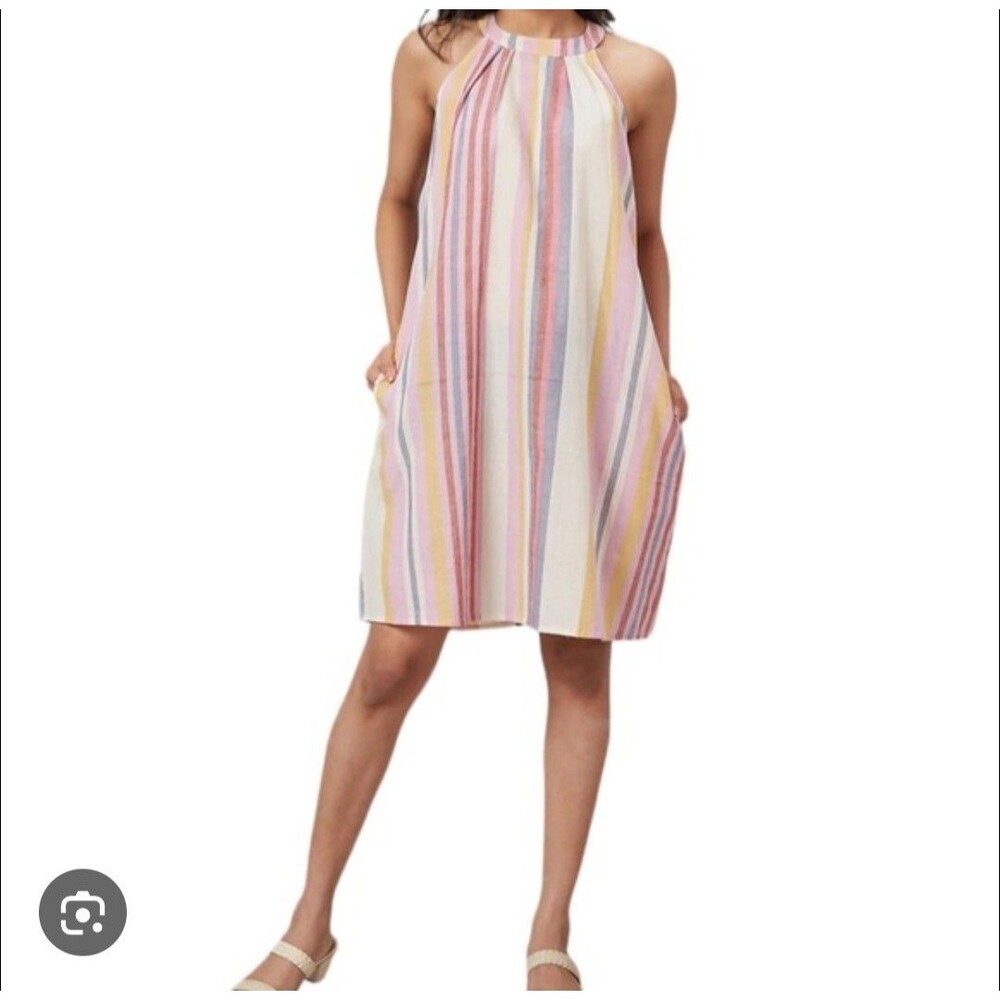 C&C California Linen Halter Dress S Sleeveless Pastel Stripe Keyhole Mini 223